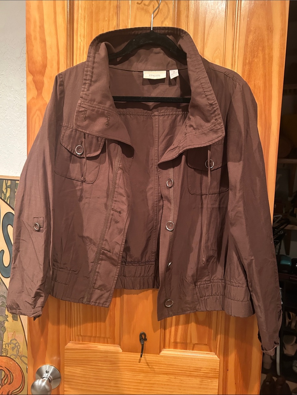 Chico’s Olive Green Cropped Utility Jacket with Chest Flap Pockets